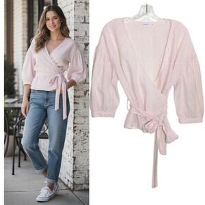 Zara Linen Blend Faux Wrap Top Women's Sz XS Cream 3/4 Puff Sleeve Tie At waist